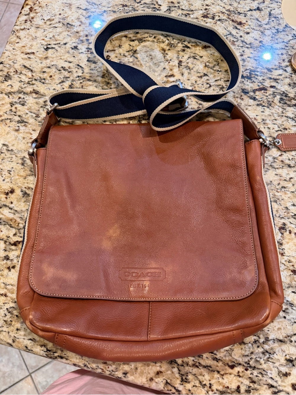 Coach Heritage Web Leather Map Bag with blue nautical strap euc crossbody